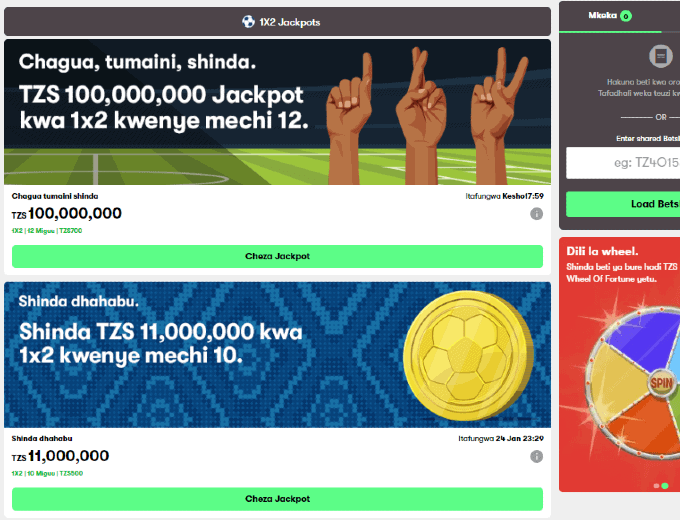 10Bet Tanzania Jackpot Page