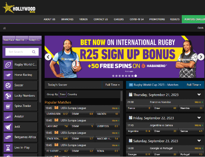 Hollywoodbets Homepage Sep 23