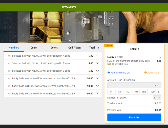 Betgames Lucky 6 betting options
