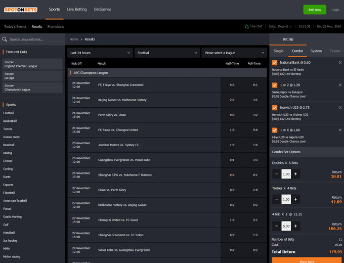 Spotonbets sports match results